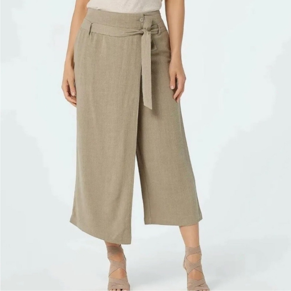 Du Jour Boho Cropped Wide Leg Pants Sarong Style Overlay Khaki Tan Size M NWT